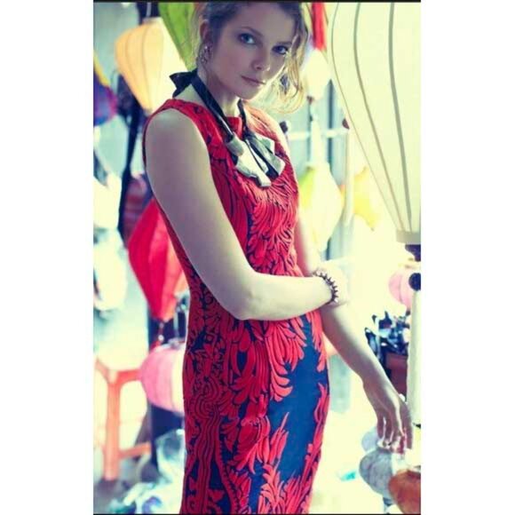 Pankaj & Nidhi Womens Spice Tree Dress Red Chain Stitch Navy Sleeveless - Picture 7 of 14